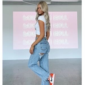 White Fox: Taking a Trip Mid Rise Straight Leg Jeans Blue Wash